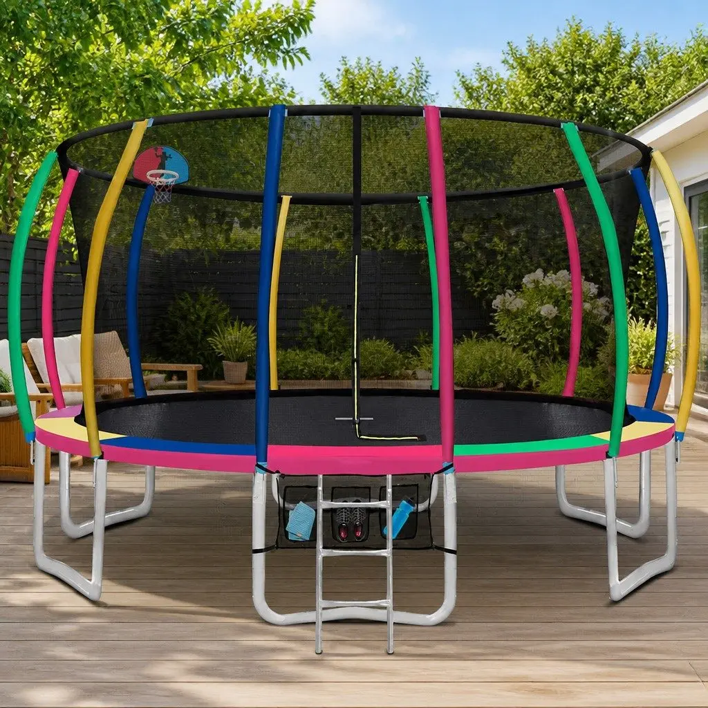 16FT Trampoline Heavy-Gauge Steel Frame Multi-Coloured with Safety Enclosure Net Ladder Basketball Hoop