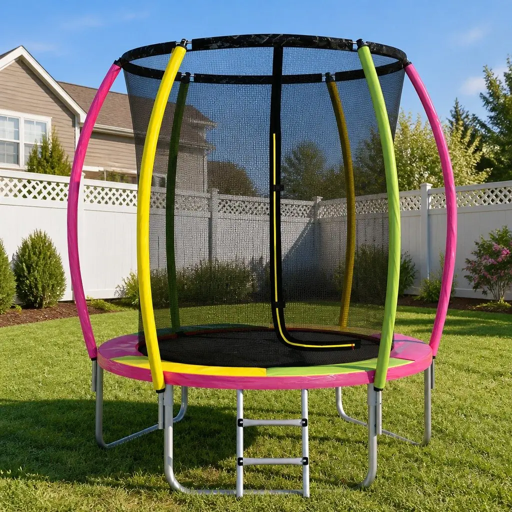 6ft Round Trampoline Heavy-gauge Steel Multicolour with Enclosed Safety Net and Foam Posts