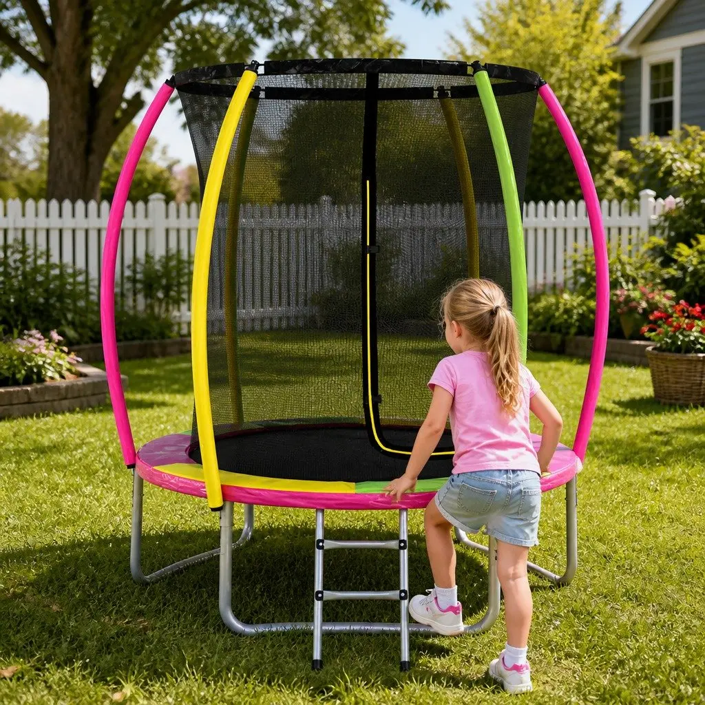 6ft Round Trampoline Heavy-gauge Steel Multicolour with Enclosed Safety Net and Foam Posts