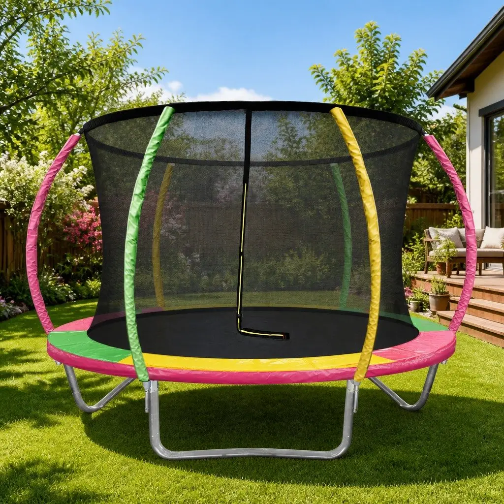 8FT Kids Trampoline Heavy-Duty Steel Frame Multi-Coloured with Safety Enclosure Net and Ladder
