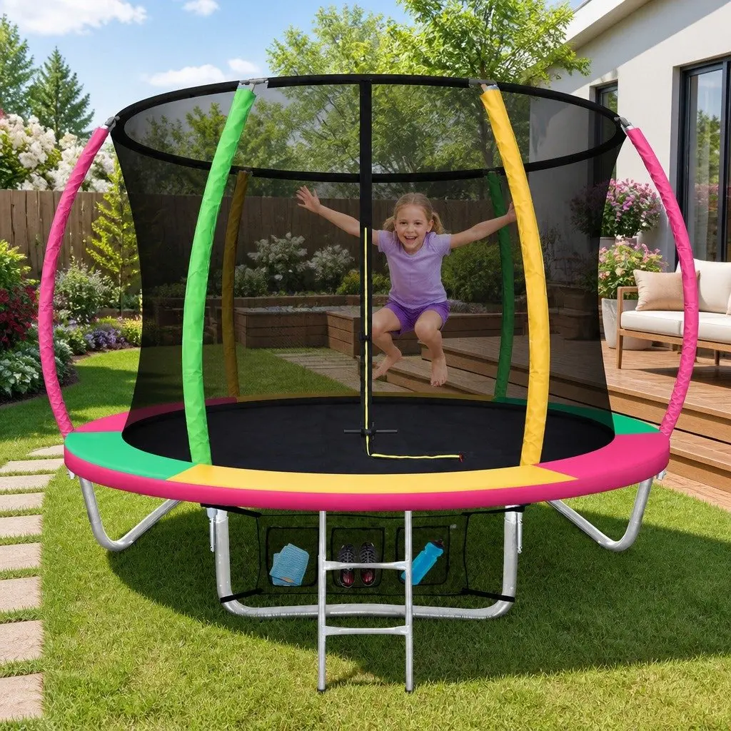 8FT Kids Trampoline Heavy-Duty Steel Frame Multi-Coloured with Safety Enclosure Net and Ladder