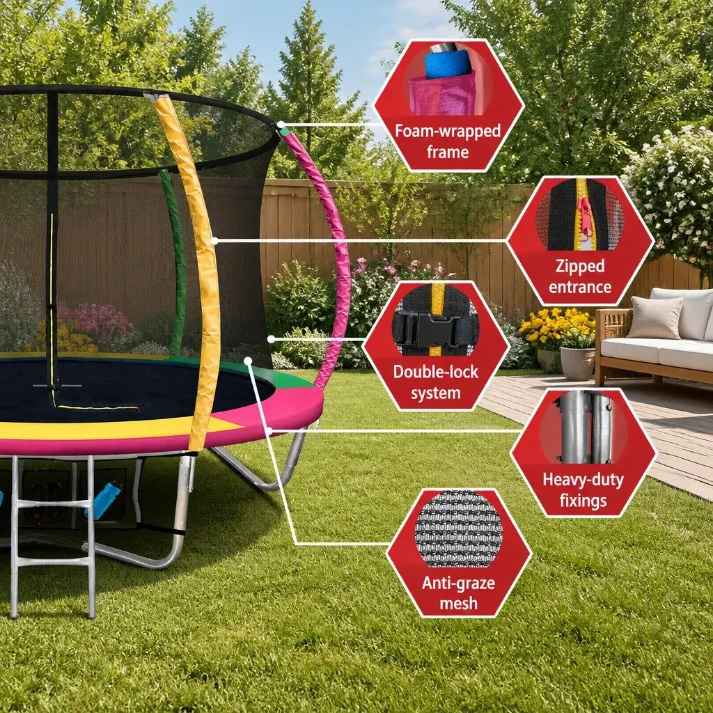 8FT Kids Trampoline Heavy-Duty Steel Frame Multi-Coloured with Safety Enclosure Net and Ladder
