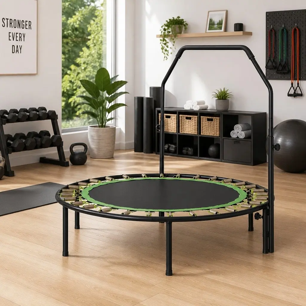 Round Fitness Trampoline 48 Inch Steel Frame Adjustable Handrail Black Green