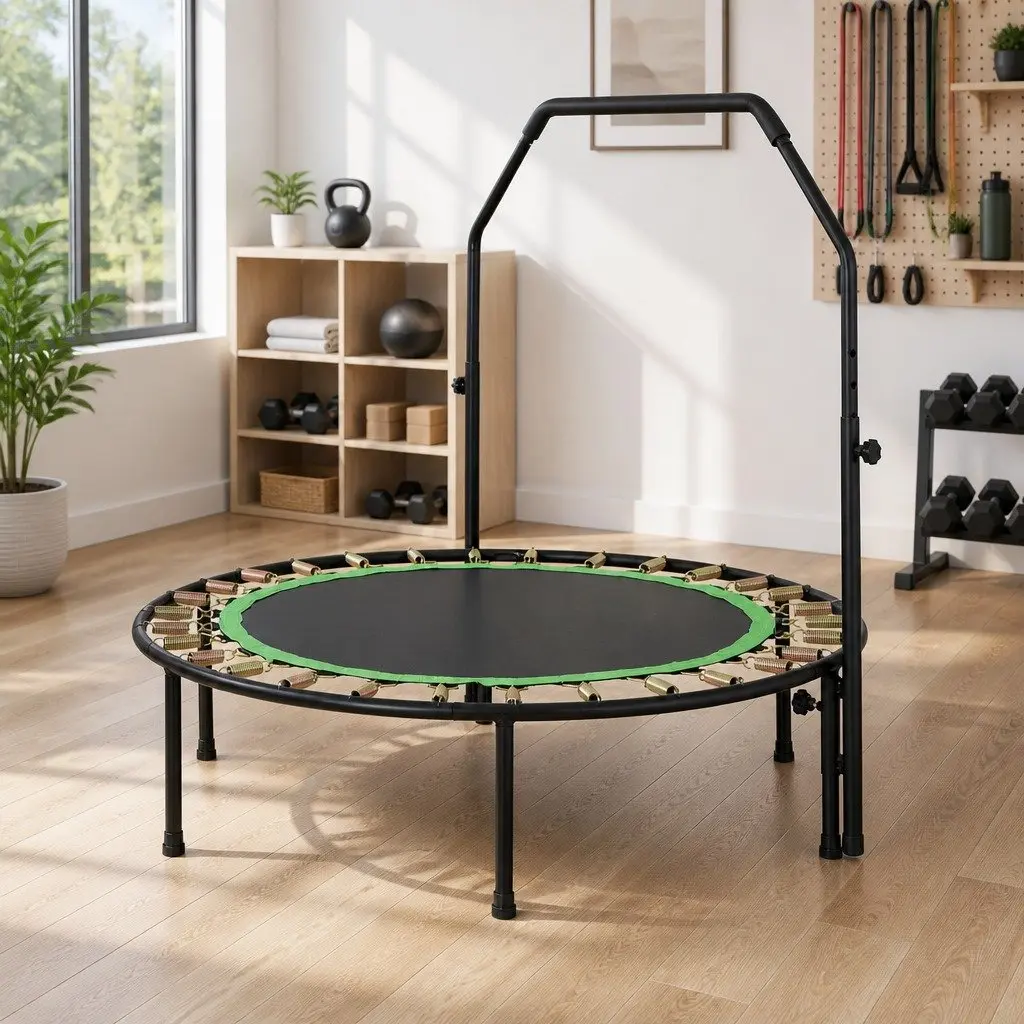 Round Fitness Trampoline 48 Inch Steel Frame Adjustable Handrail Black Green