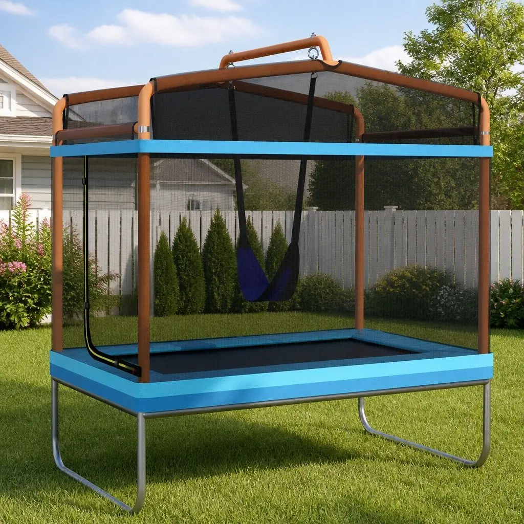 6FT Rectangle Trampoline Marine-Grade Steel UV-Resistant Jumping Mat Orange Blue