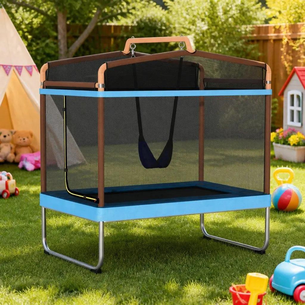 6FT Rectangle Trampoline Marine-Grade Steel UV-Resistant Jumping Mat Orange Blue