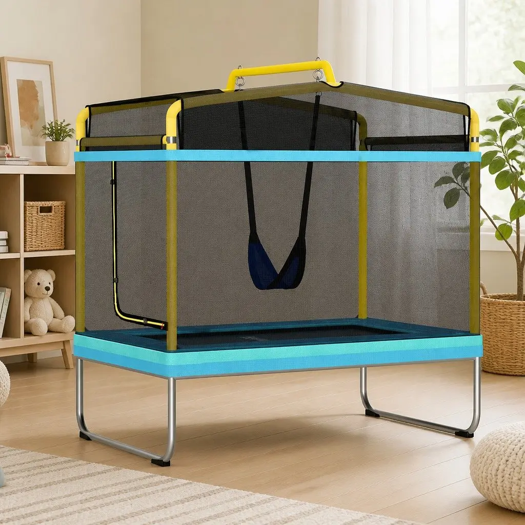 6FT Kids Trampoline Swing Galvanised Steel Frame Enclosure Safety Net Blue Yellow