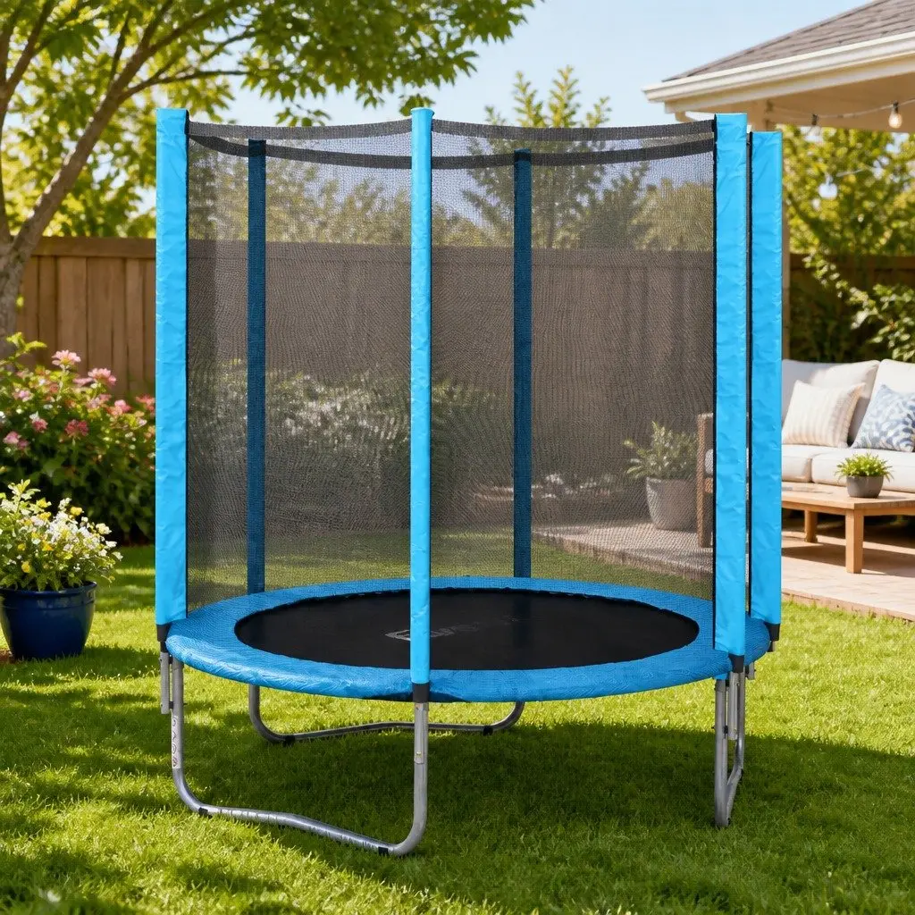 Kids Trampoline Round 6FT Enclosed Safety Net Blue Black