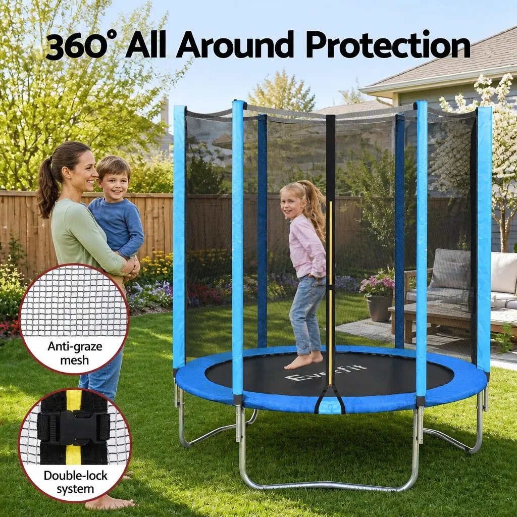 Kids Trampoline Round 6FT Enclosed Safety Net Blue Black