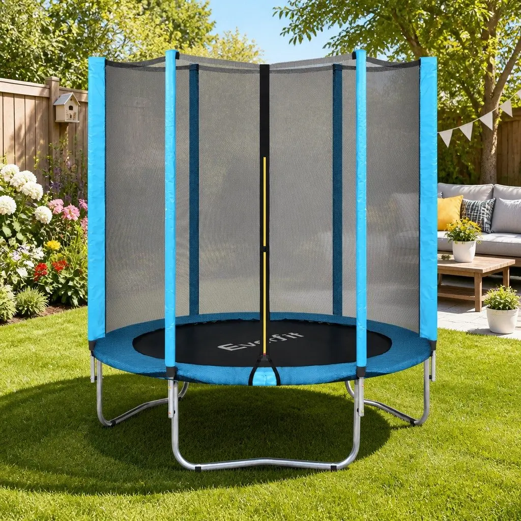 Kids Trampoline Round 6FT Enclosed Safety Net Blue Black