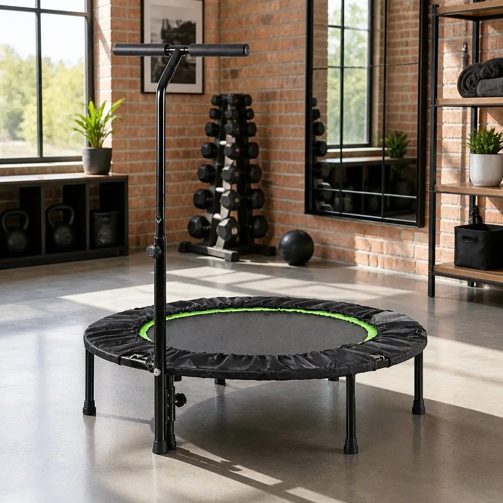 Fitness Trampoline Steel 40 Inch Foldable Rebounder with Adjustable Handrail Green or Black