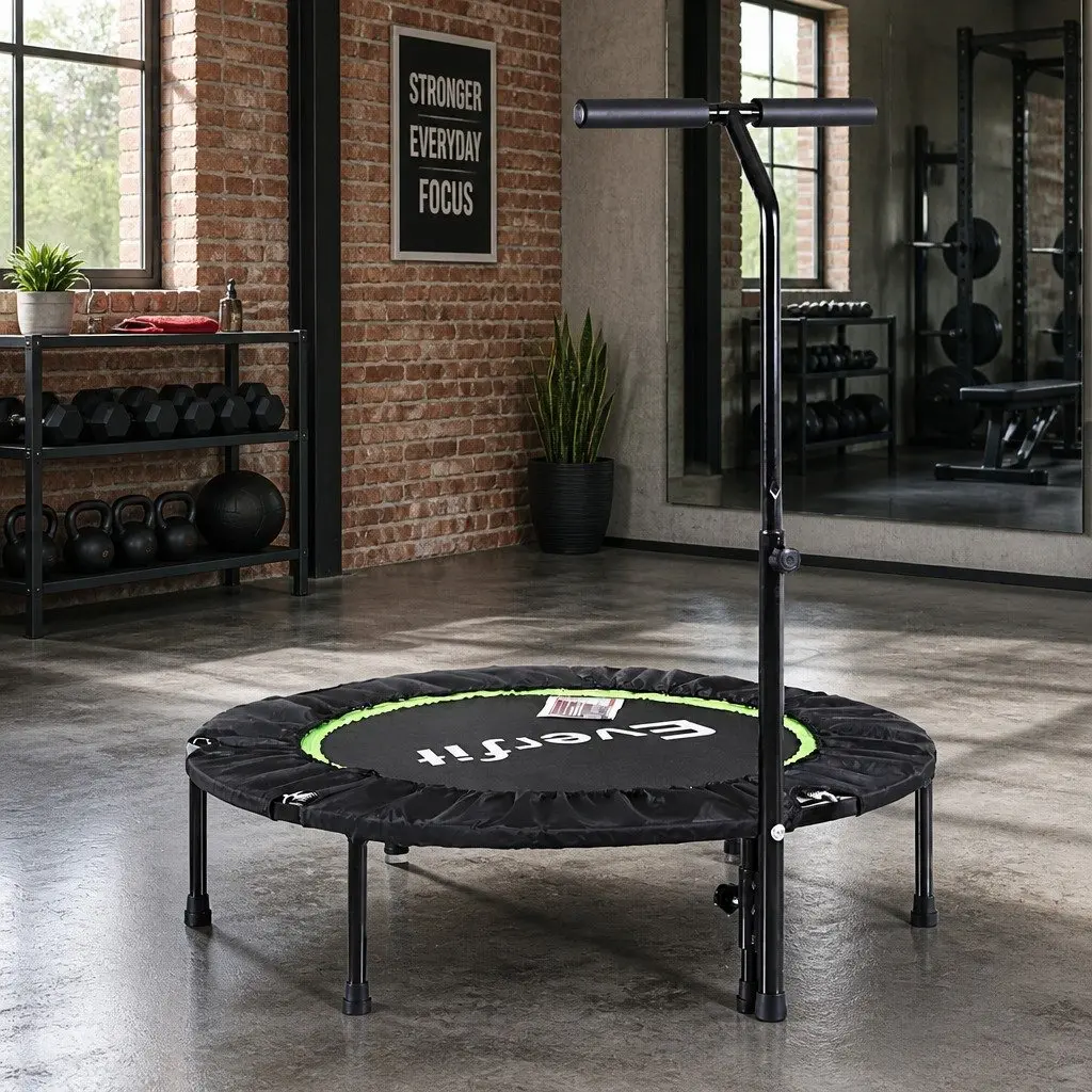 Fitness Trampoline Steel 40 Inch Foldable Rebounder with Adjustable Handrail Green or Black