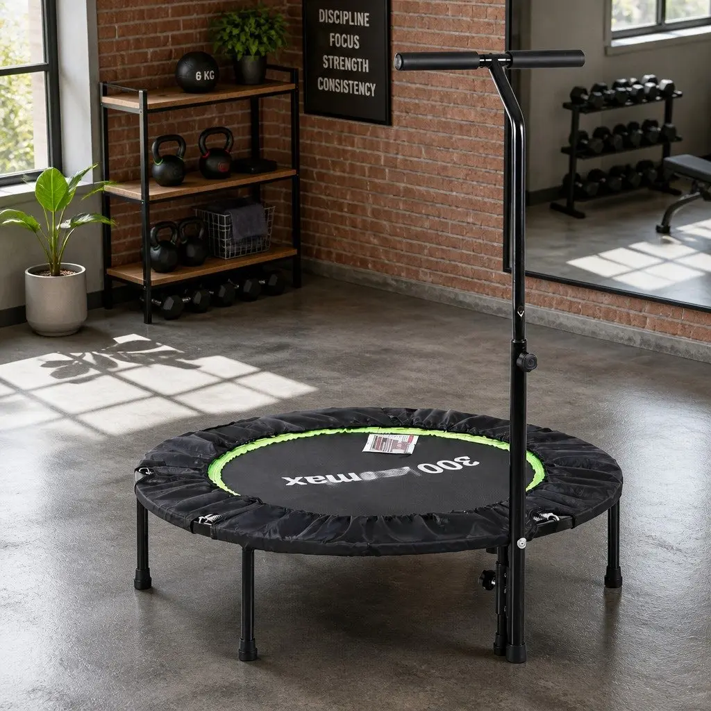 Fitness Trampoline Steel 40 Inch Foldable Rebounder with Adjustable Handrail Green or Black