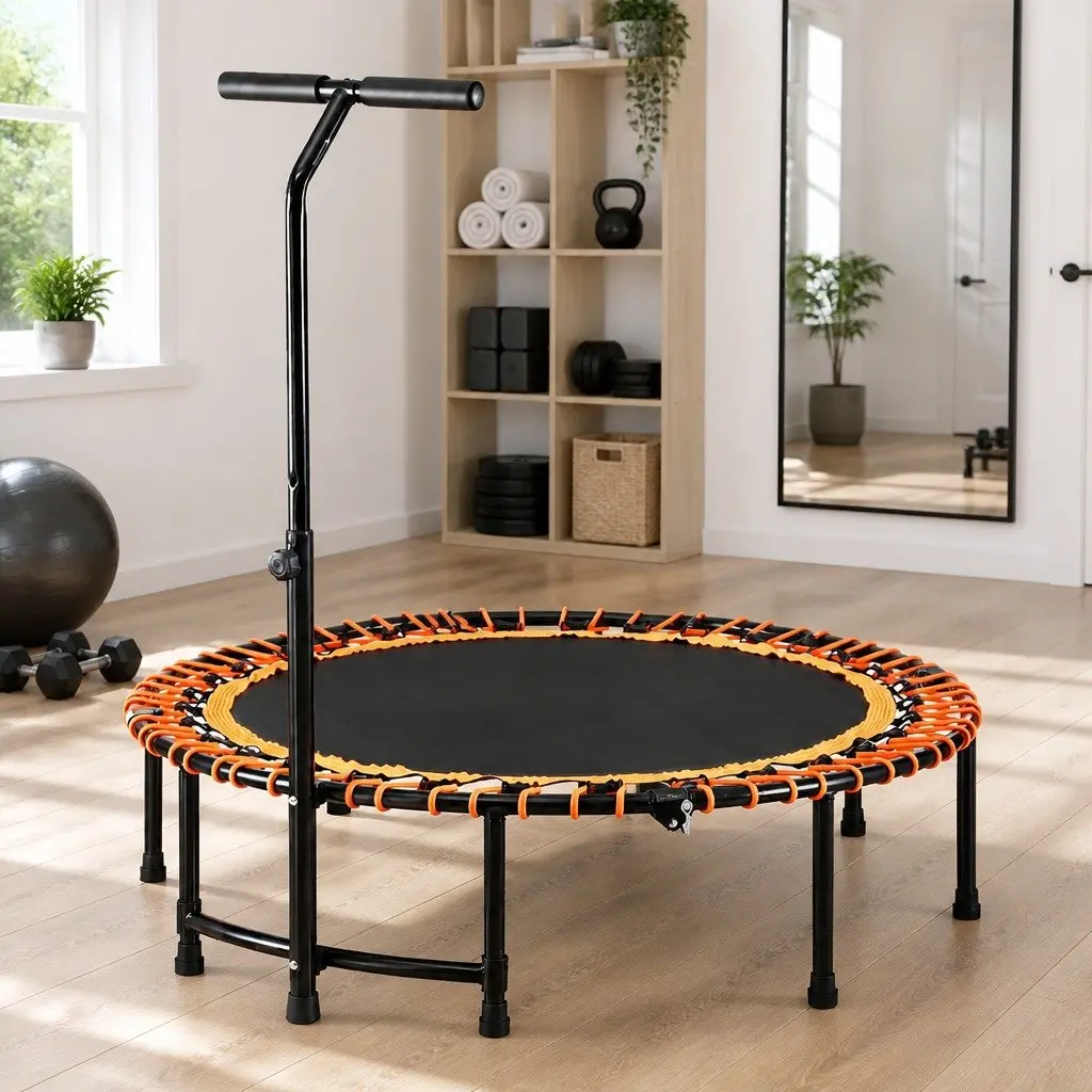 Foldable Fitness Trampoline 48 Inch Sturdy Steel Frame Adjustable Handrail High Elasticity Ropes for Home Exercise