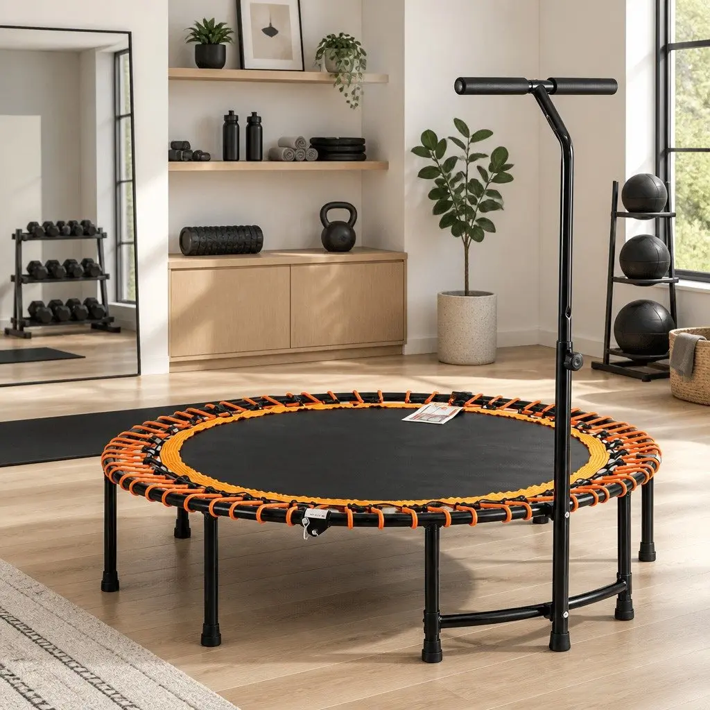 Foldable Fitness Trampoline 48 Inch Sturdy Steel Frame Adjustable Handrail High Elasticity Ropes for Home Exercise