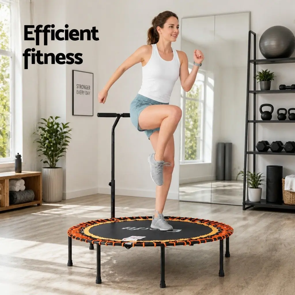 Foldable Fitness Trampoline 48 Inch Sturdy Steel Frame Adjustable Handrail High Elasticity Ropes for Home Exercise
