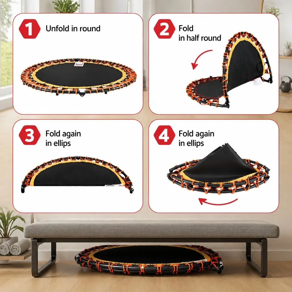 Foldable Fitness Trampoline 48 Inch Sturdy Steel Frame Adjustable Handrail High Elasticity Ropes for Home Exercise