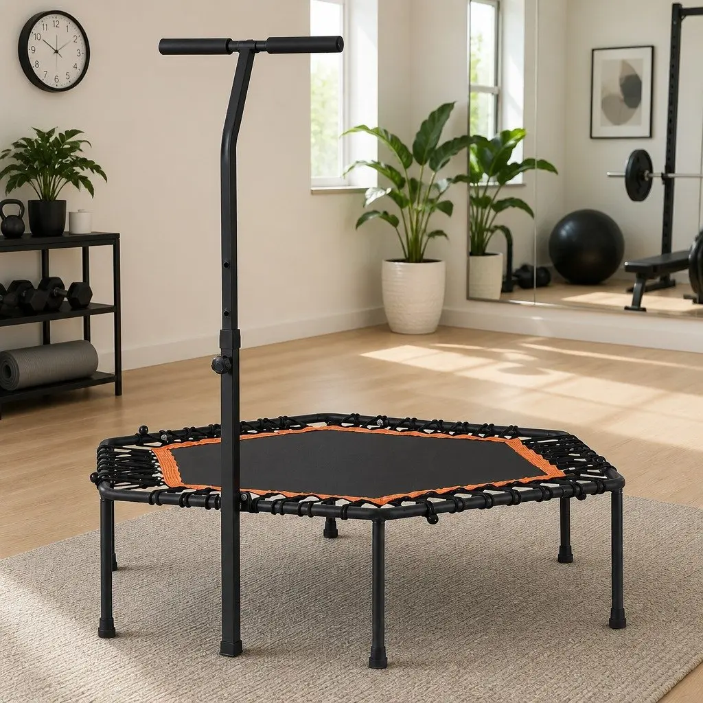 Fitness Trampoline Steel Frame 51 Inch Hexagon Adjustable Handrail Black or Orange
