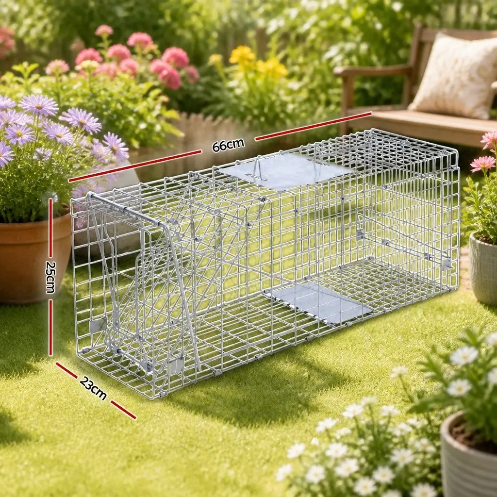 Humane Animal Trap Cage Galvanised Iron Wire 66x23cm Silver Collapsible Spring Loaded Door