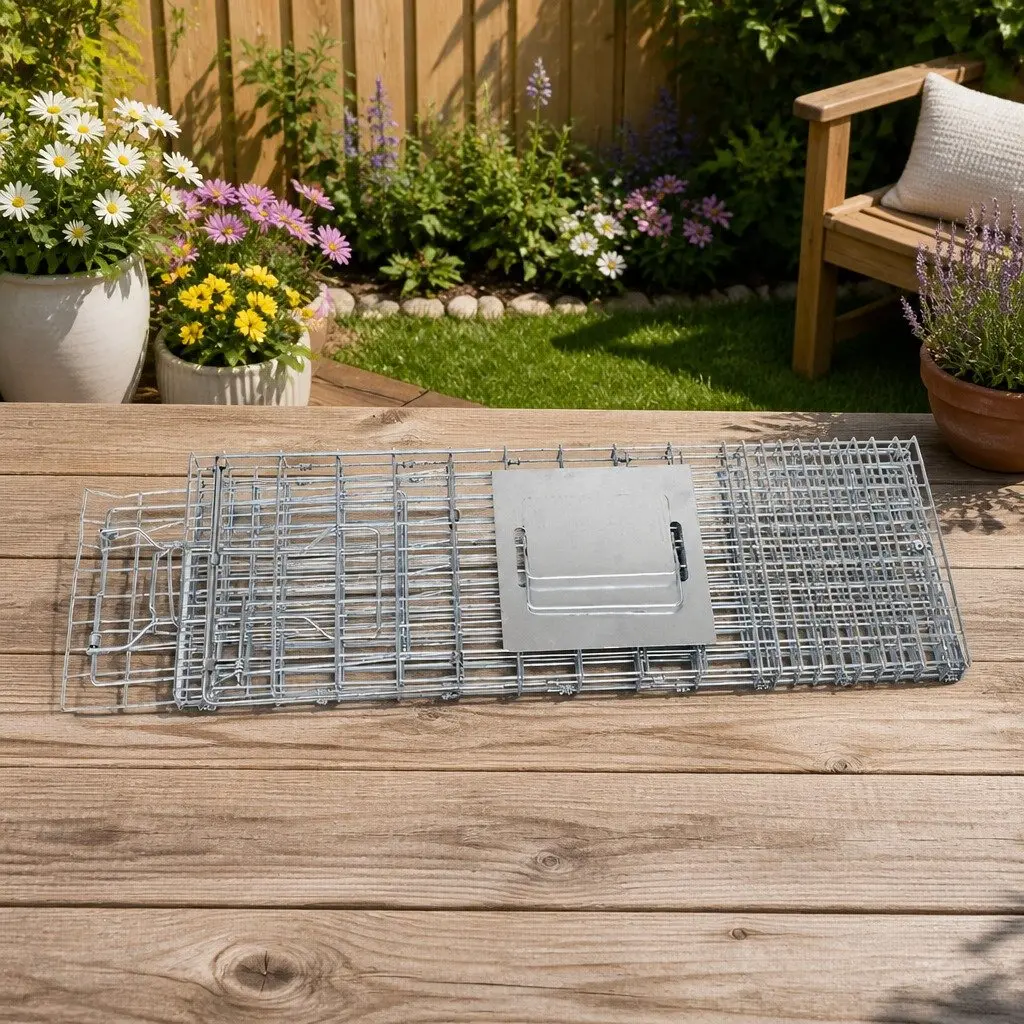 Humane Animal Trap Cage Galvanised Iron Wire 66x23cm Silver Collapsible Spring Loaded Door