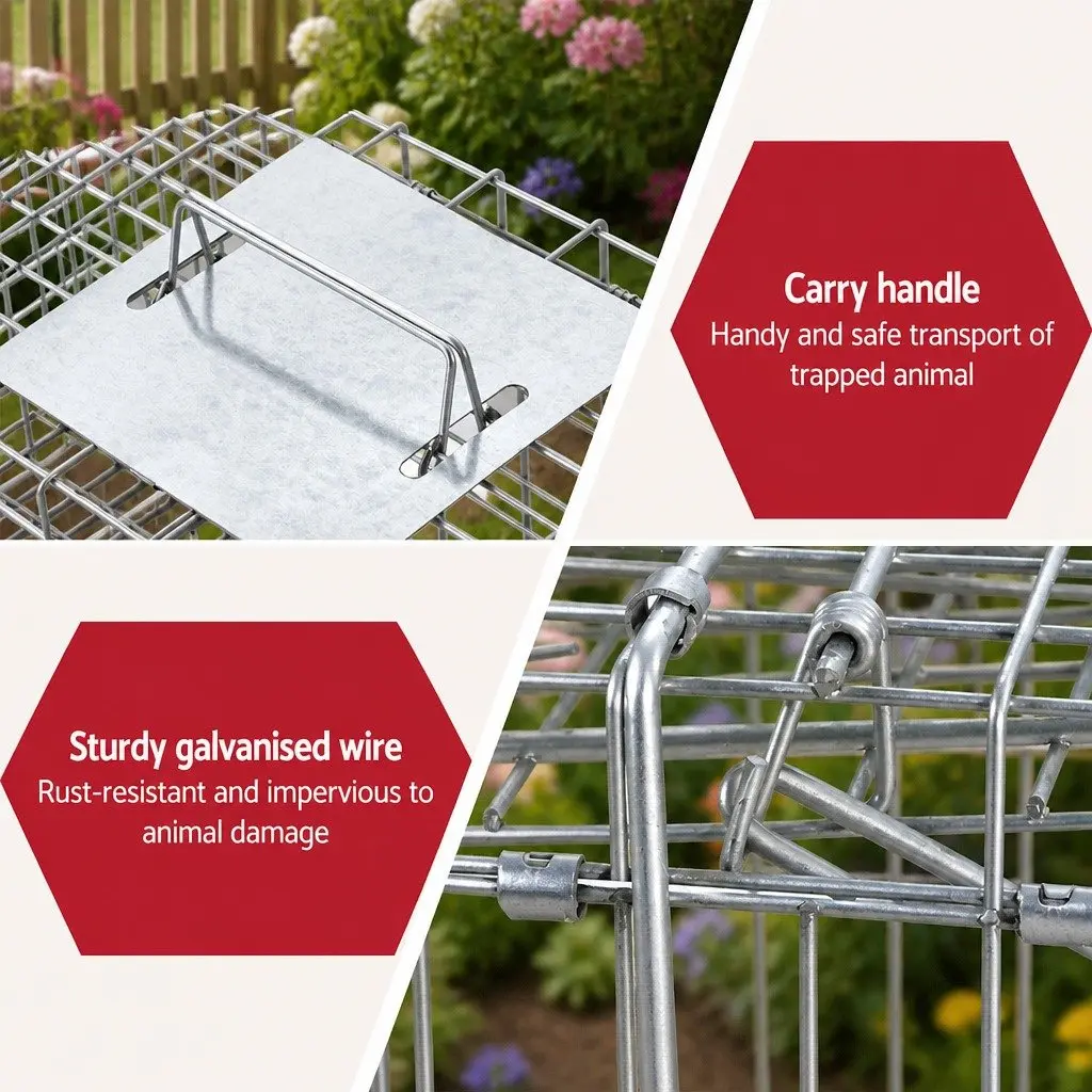 Humane Animal Trap Cage Galvanised Iron Wire 66x23cm Silver Collapsible Spring Loaded Door