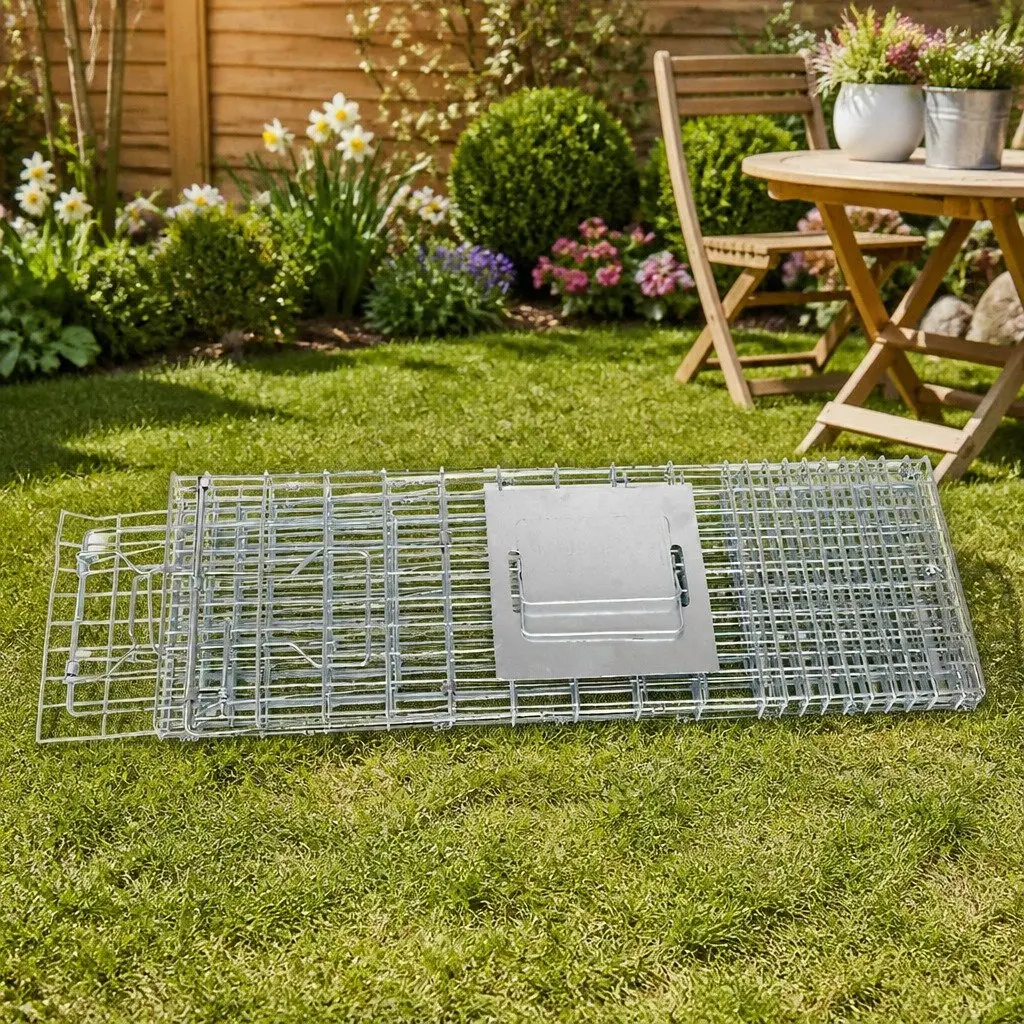 Humane Animal Trap Cage Silver Galvanised Iron Wire Collapsible 94x34cm Spring Loaded