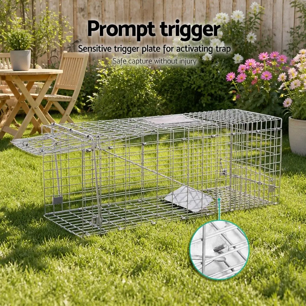 Humane Animal Trap Cage Silver Galvanised Iron Wire Collapsible 94x34cm Spring Loaded