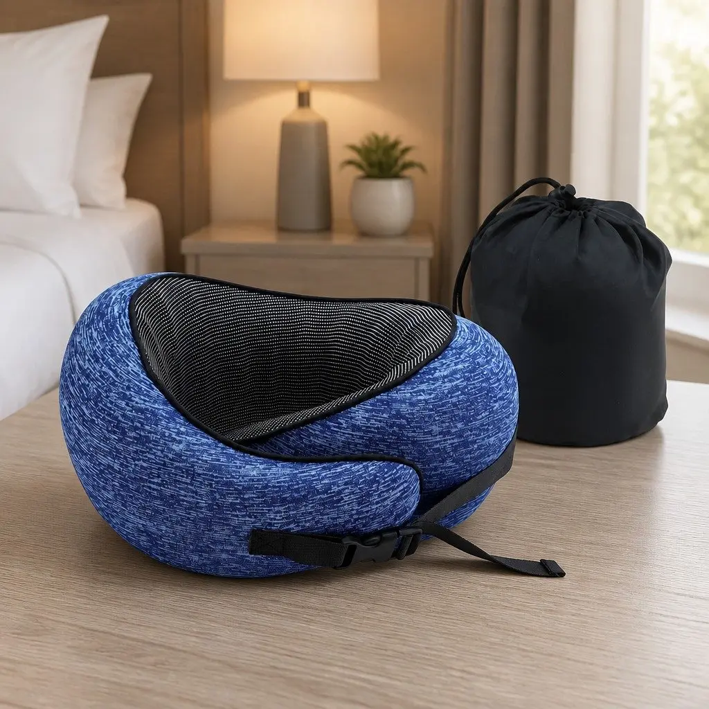 Travel Pillow Memory Foam Blue Ergonomic Support for Neck Chin Head on Airplane Car Office Home