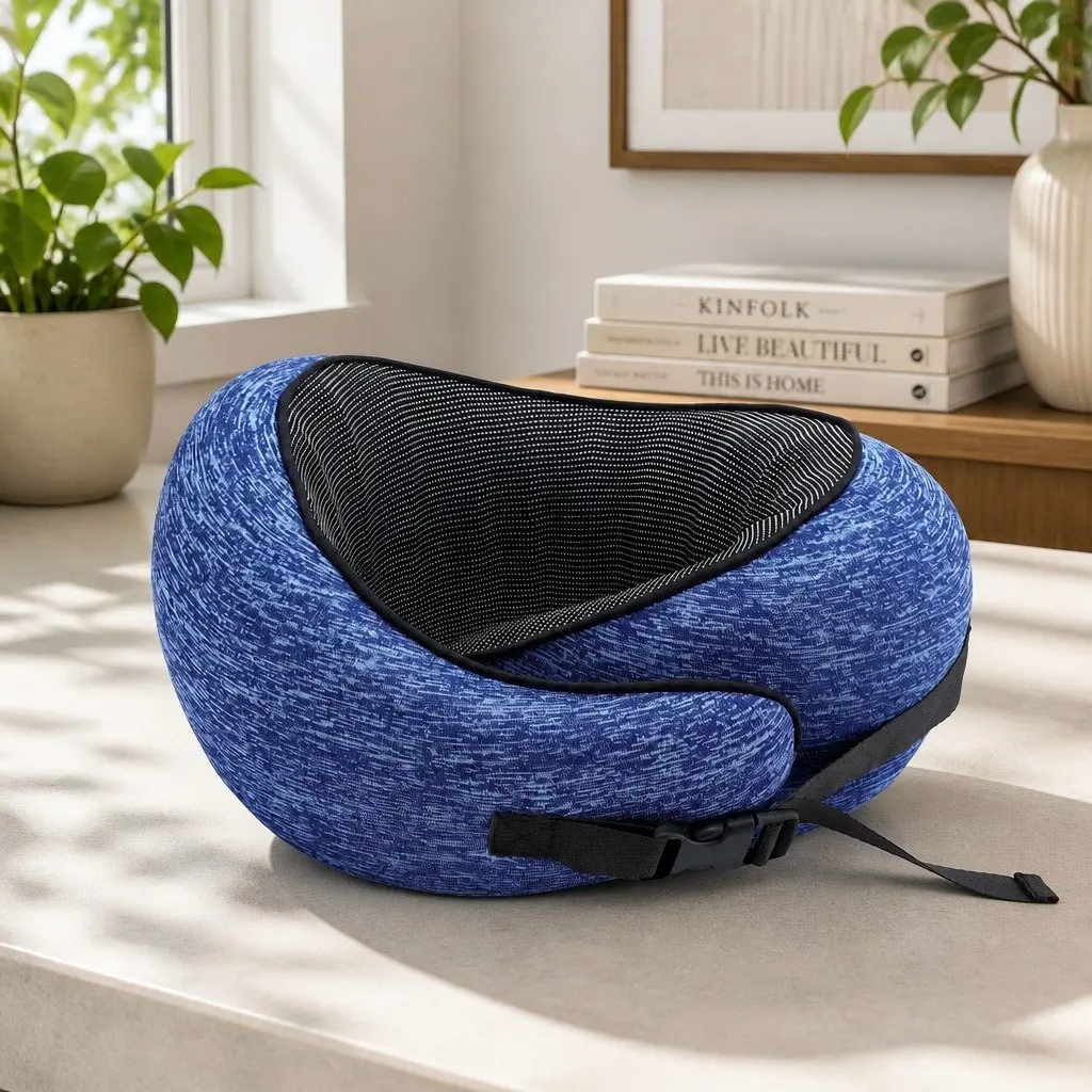 Travel Pillow Memory Foam Blue Ergonomic Support for Neck Chin Head on Airplane Car Office Home