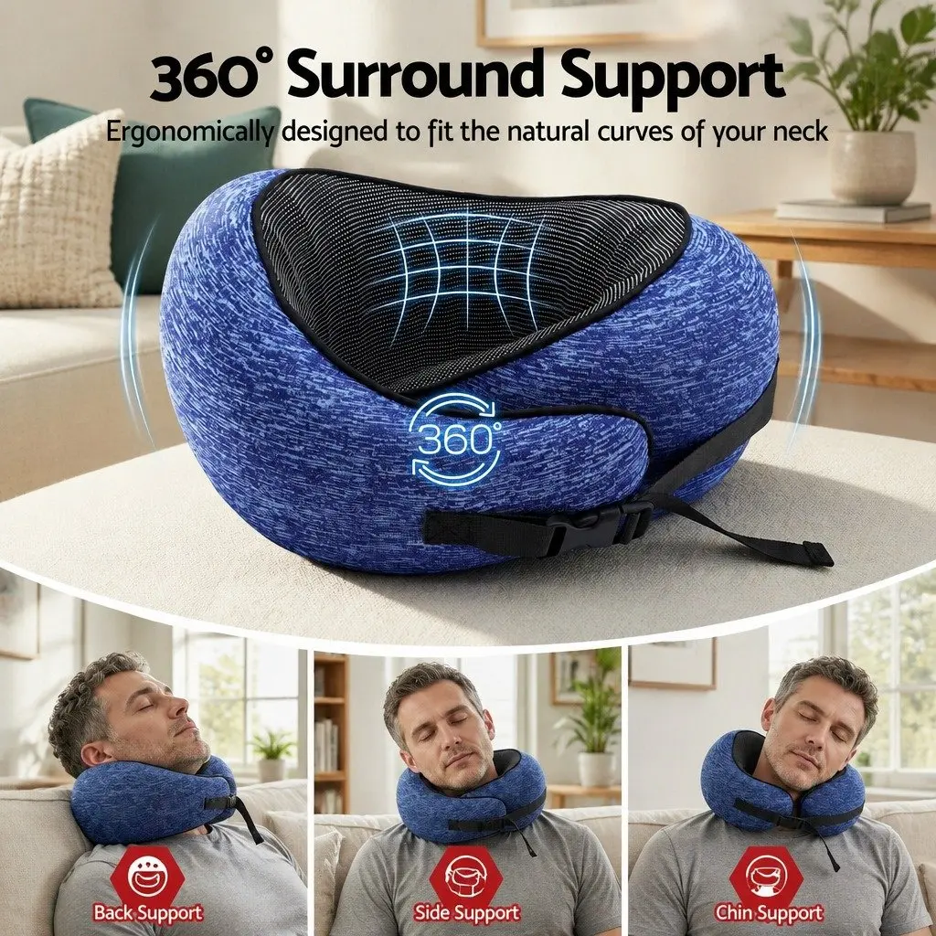 Travel Pillow Memory Foam Blue Ergonomic Support for Neck Chin Head on Airplane Car Office Home