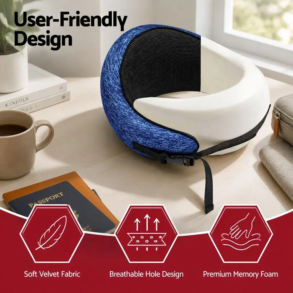 Travel Pillow Memory Foam Blue Ergonomic Support for Neck Chin Head on Airplane Car Office Home
