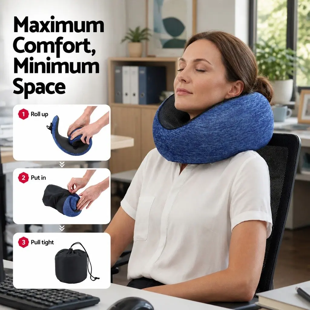 Travel Pillow Memory Foam Blue Ergonomic Support for Neck Chin Head on Airplane Car Office Home