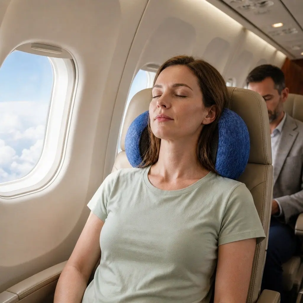 Travel Pillow Memory Foam Blue Ergonomic Support for Neck Chin Head on Airplane Car Office Home