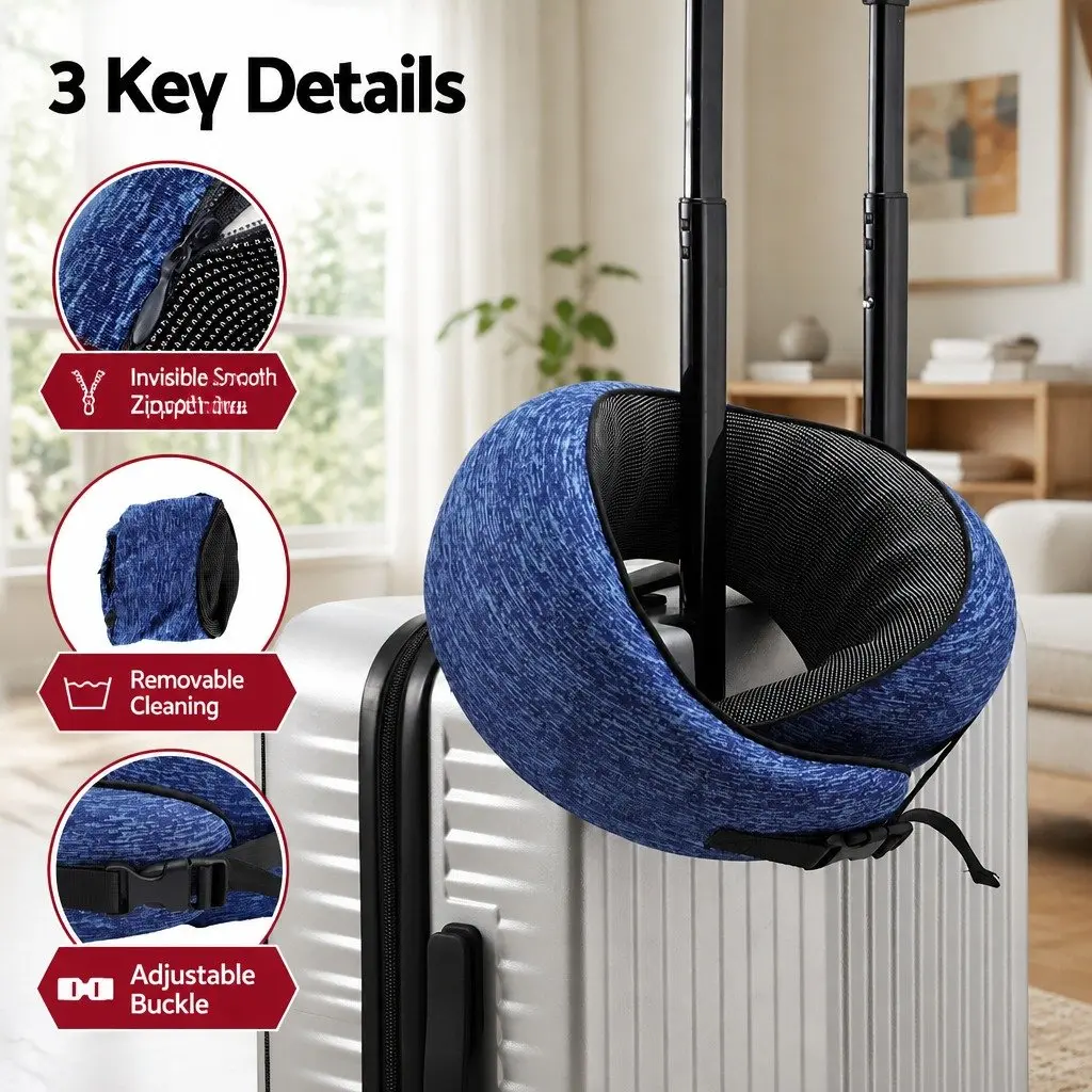 Travel Pillow Memory Foam Blue Ergonomic Support for Neck Chin Head on Airplane Car Office Home