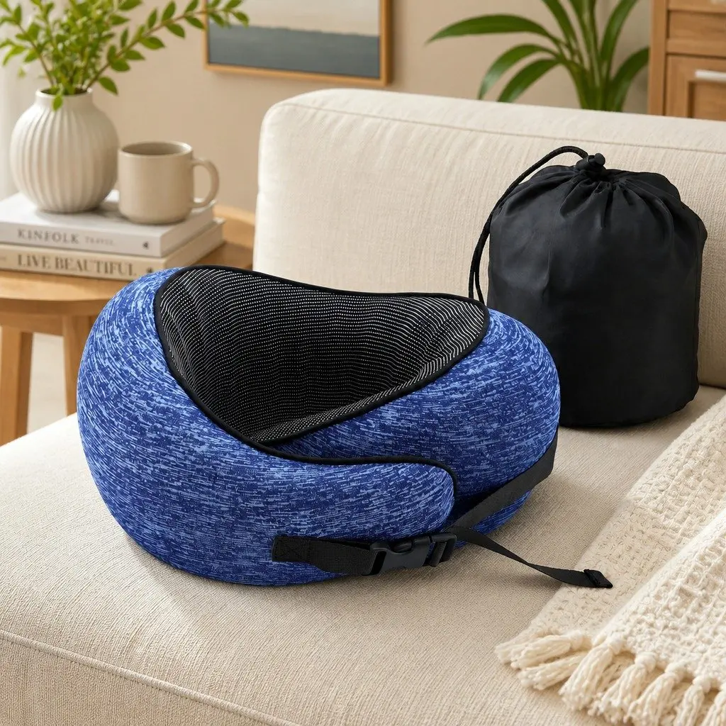 Travel Pillow Memory Foam Blue Ergonomic Support for Neck Chin Head on Airplane Car Office Home