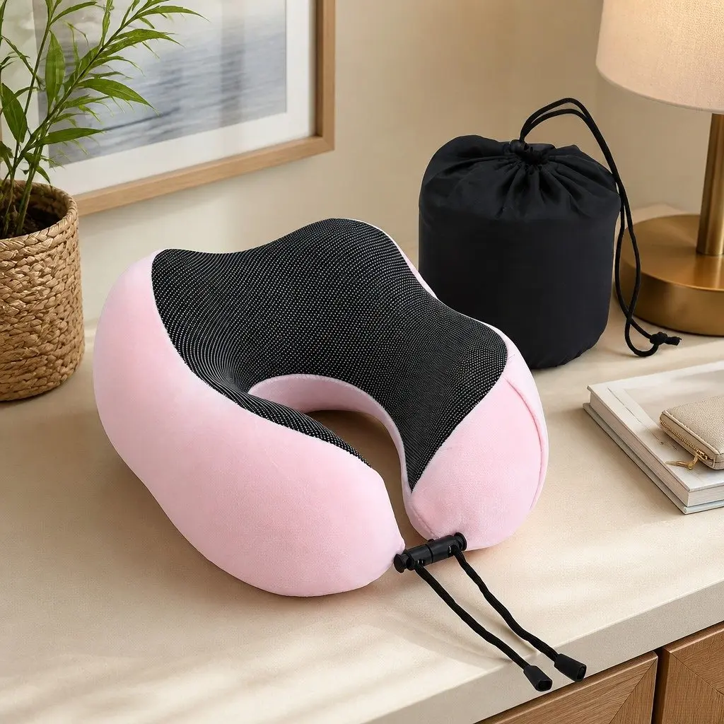 Travel Pillow Memory Foam Ergonomic Neck Support Portable Compact Size Pink
