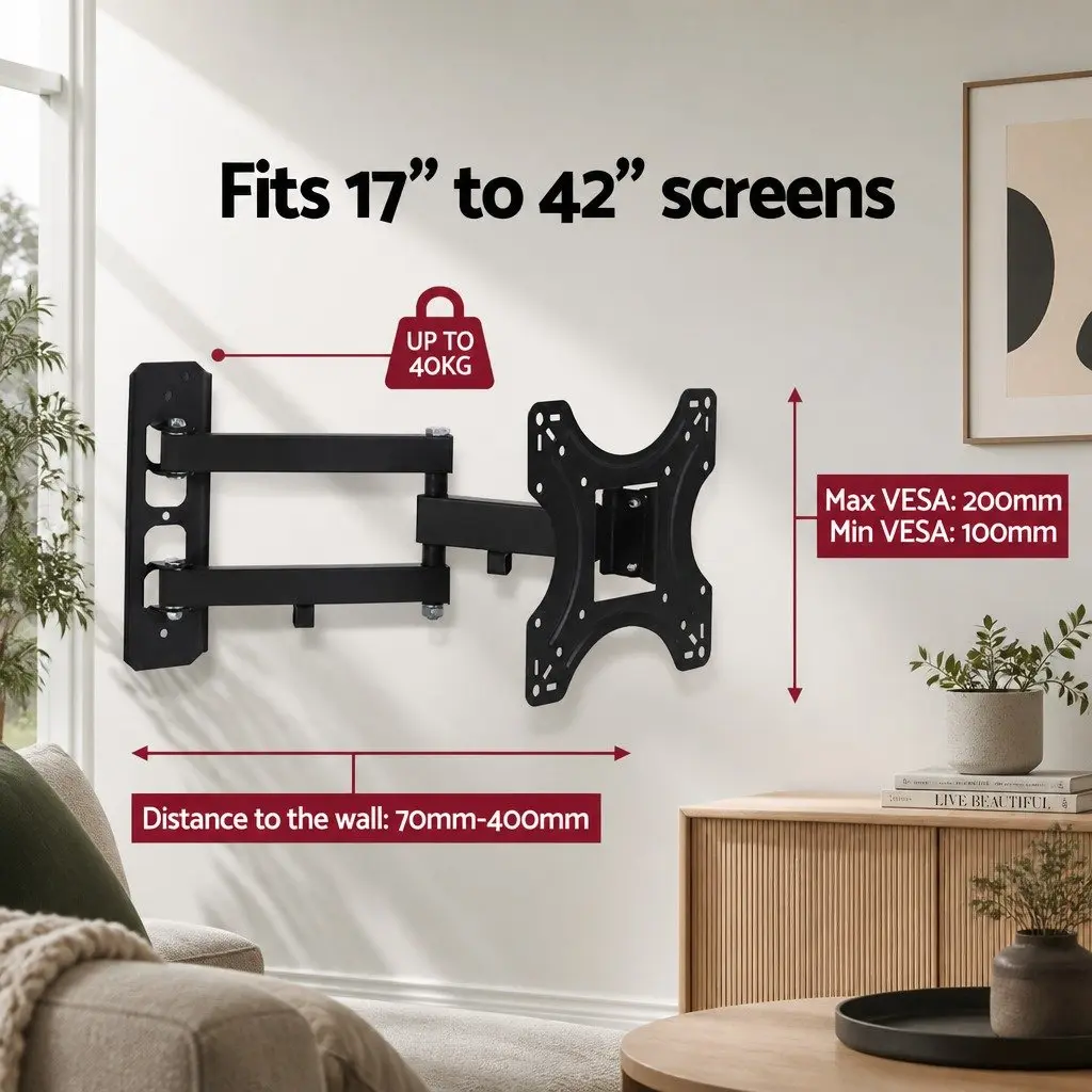 TV Wall Mount Bracket Full Motion Powder-Coated Steel 17"-42" Black