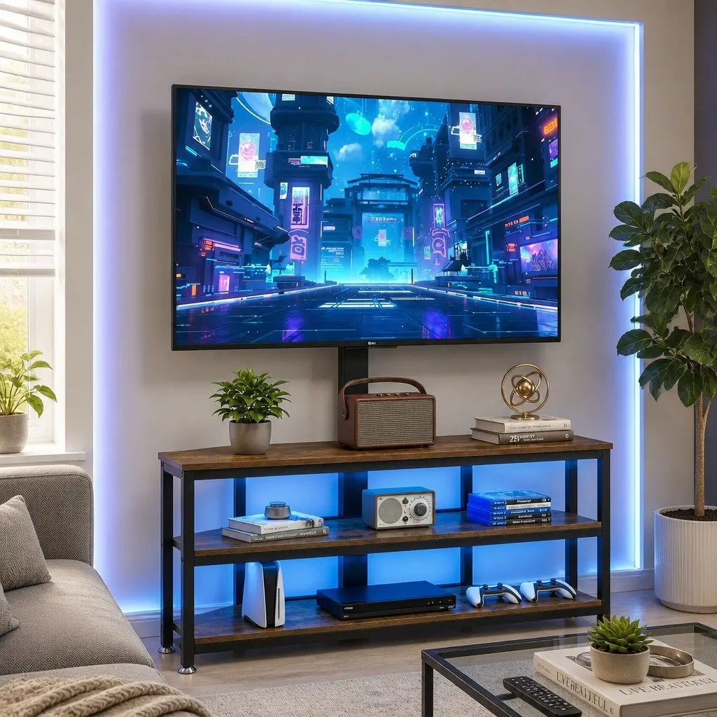 Corner TV Stand Black for 32 to 70 Inch TVs Steel Frame MDF Shelves with RGB LED Lights Power Outlet Swivel Mount