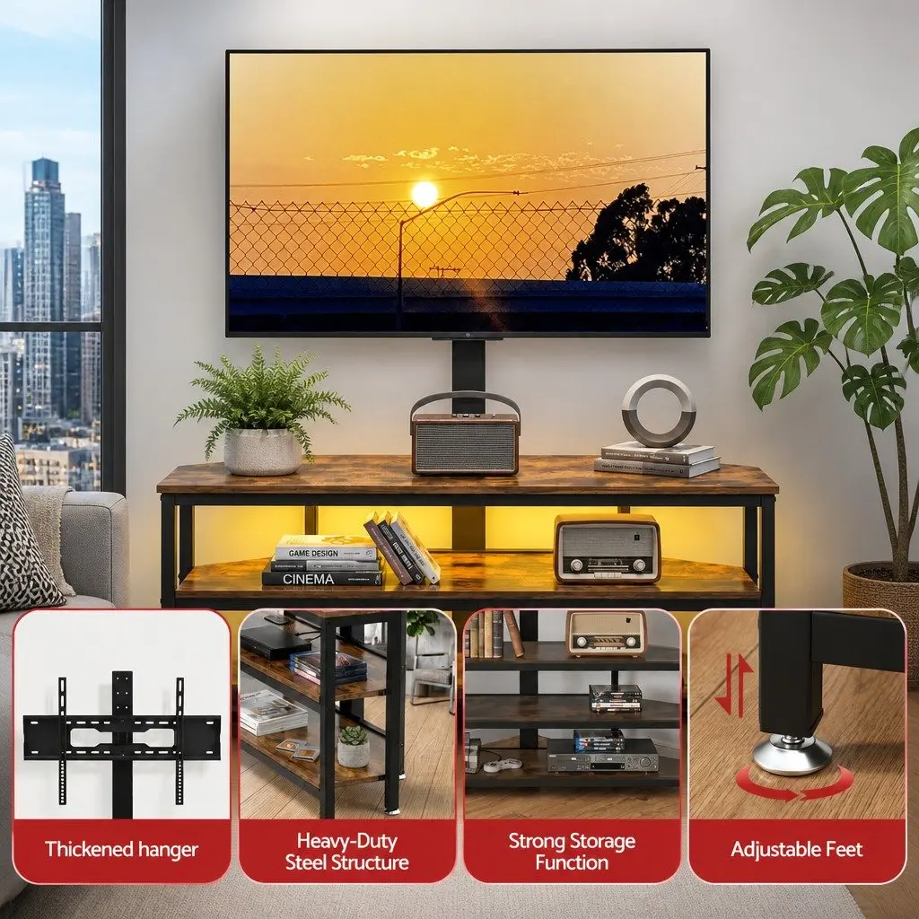 Corner TV Stand Black for 32 to 70 Inch TVs Steel Frame MDF Shelves with RGB LED Lights Power Outlet Swivel Mount