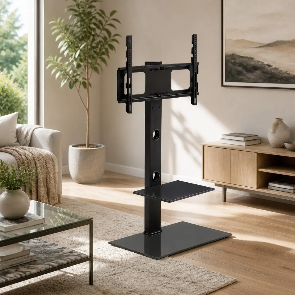 TV Stand Mount Bracket Swivel Adjustable Height 32 to 70 Inch Black with 2 Tier Storage Shelf