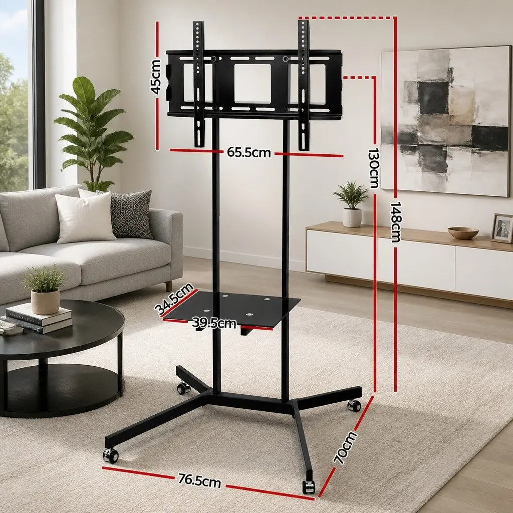 Mobile TV Stand Floor Mount Bracket Black Metal Tempered Glass 32 to 65 Inch