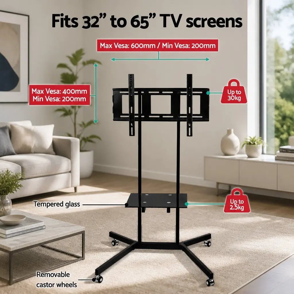Mobile TV Stand Floor Mount Bracket Black Metal Tempered Glass 32 to 65 Inch