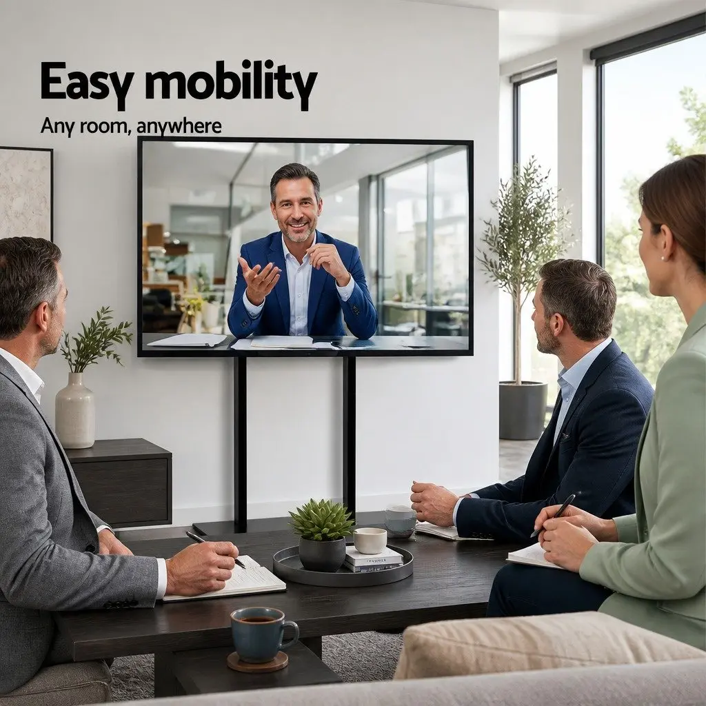 Mobile TV Stand Floor Mount Bracket Black Metal Tempered Glass 32 to 65 Inch