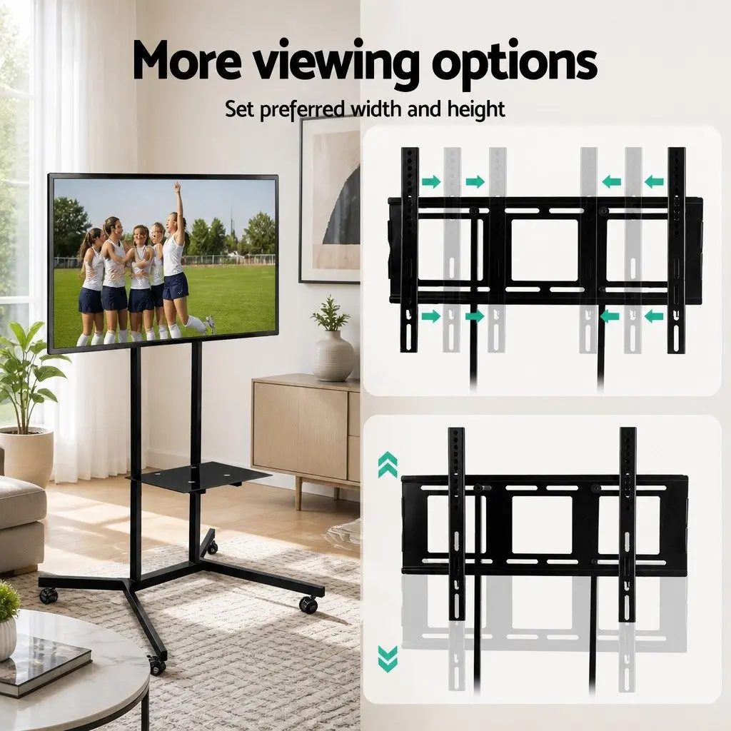Mobile TV Stand Floor Mount Bracket Black Metal Tempered Glass 32 to 65 Inch
