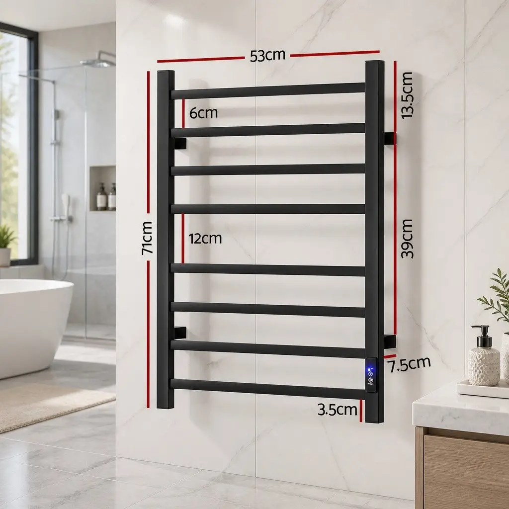 Electric Towel Warmer Rack Wall Mounted Black 8 Square Bars Carbon Steel with Timer