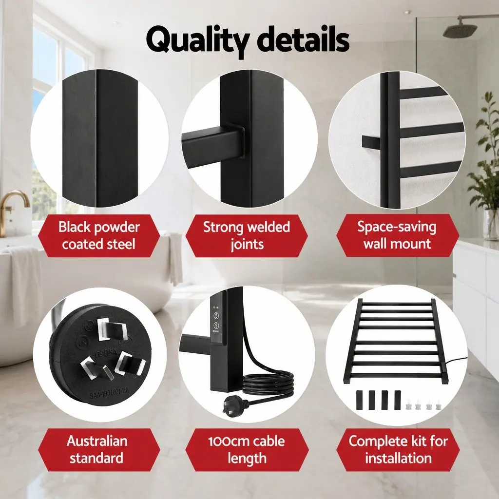 Electric Towel Warmer Rack Wall Mounted Black 8 Square Bars Carbon Steel with Timer
