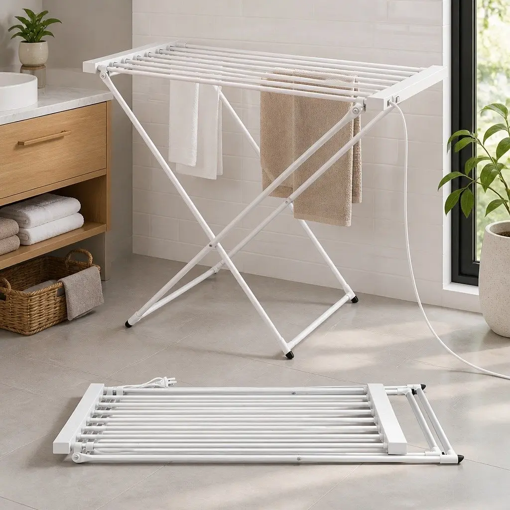 Heated Towel Rail Electric Foldable Drying Rack Aluminium 8 Bars Silver