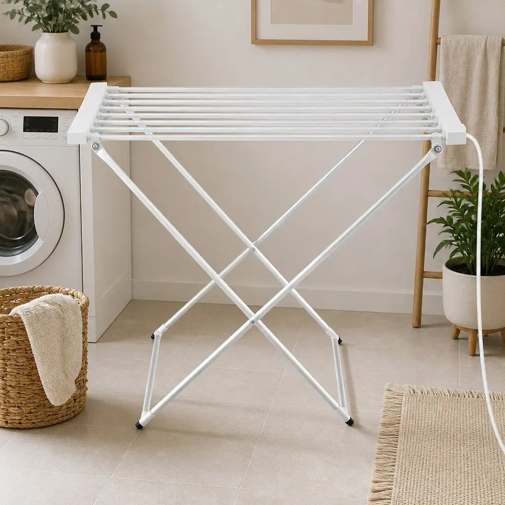 Heated Towel Rail Electric Foldable Drying Rack Aluminium 8 Bars Silver