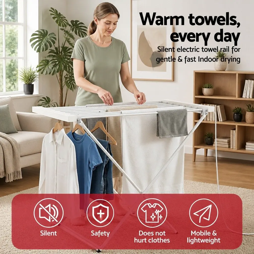 Heated Towel Rail Electric Foldable Drying Rack Aluminium 8 Bars Silver