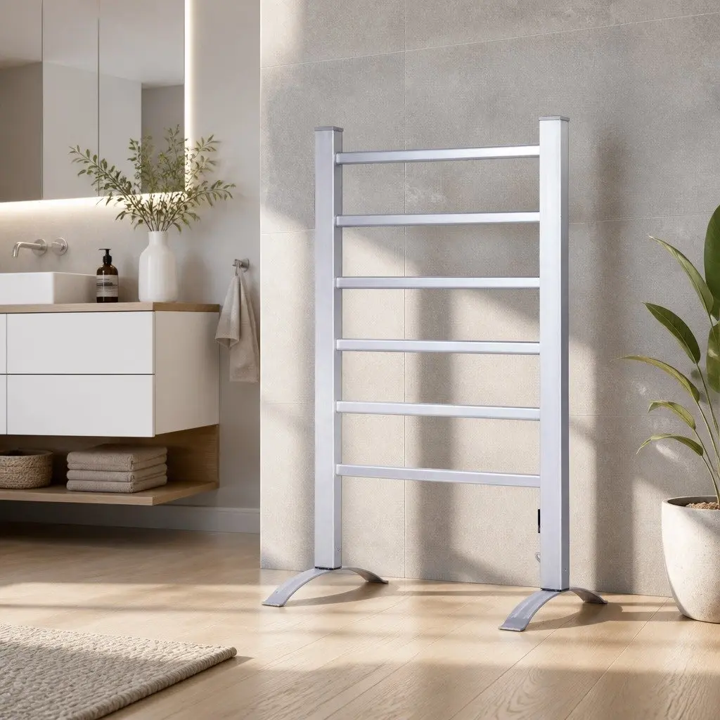 Electric Heated Towel Rail 6 Bars Timer Clothes Drying Rack Warmer Silver